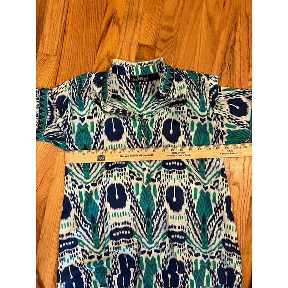 Liza Byrd Womens M Turquoise Navy Blue Print Long Sleeve boho tunic top Ikat - Picture 4 of 5